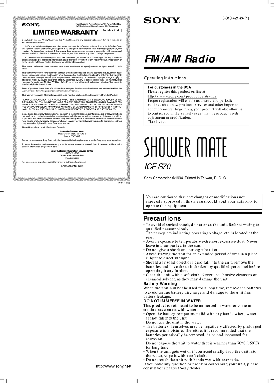 SONY SHOWER MATE ICFS70 OPERATING INSTRUCTIONS Pdf Download ManualsLib