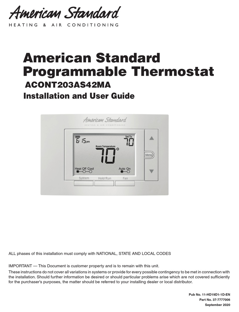 AMERICAN STANDARD ACONT203AS42MA INSTALLATION AND USER MANUAL Pdf