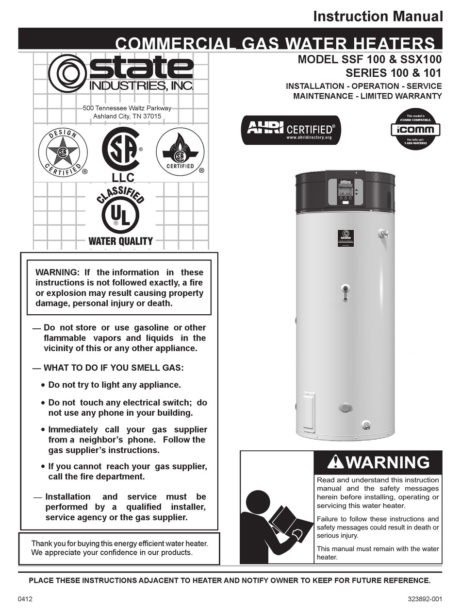 STATE WATER HEATERS SSF 100 INSTRUCTION MANUAL Pdf Download ManualsLib