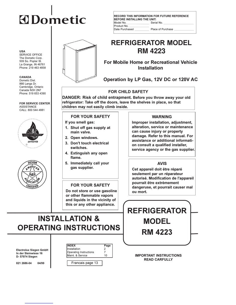 DOMETIC RM 4223 INSTALLATION & OPERATING INSTRUCTIONS MANUAL Pdf