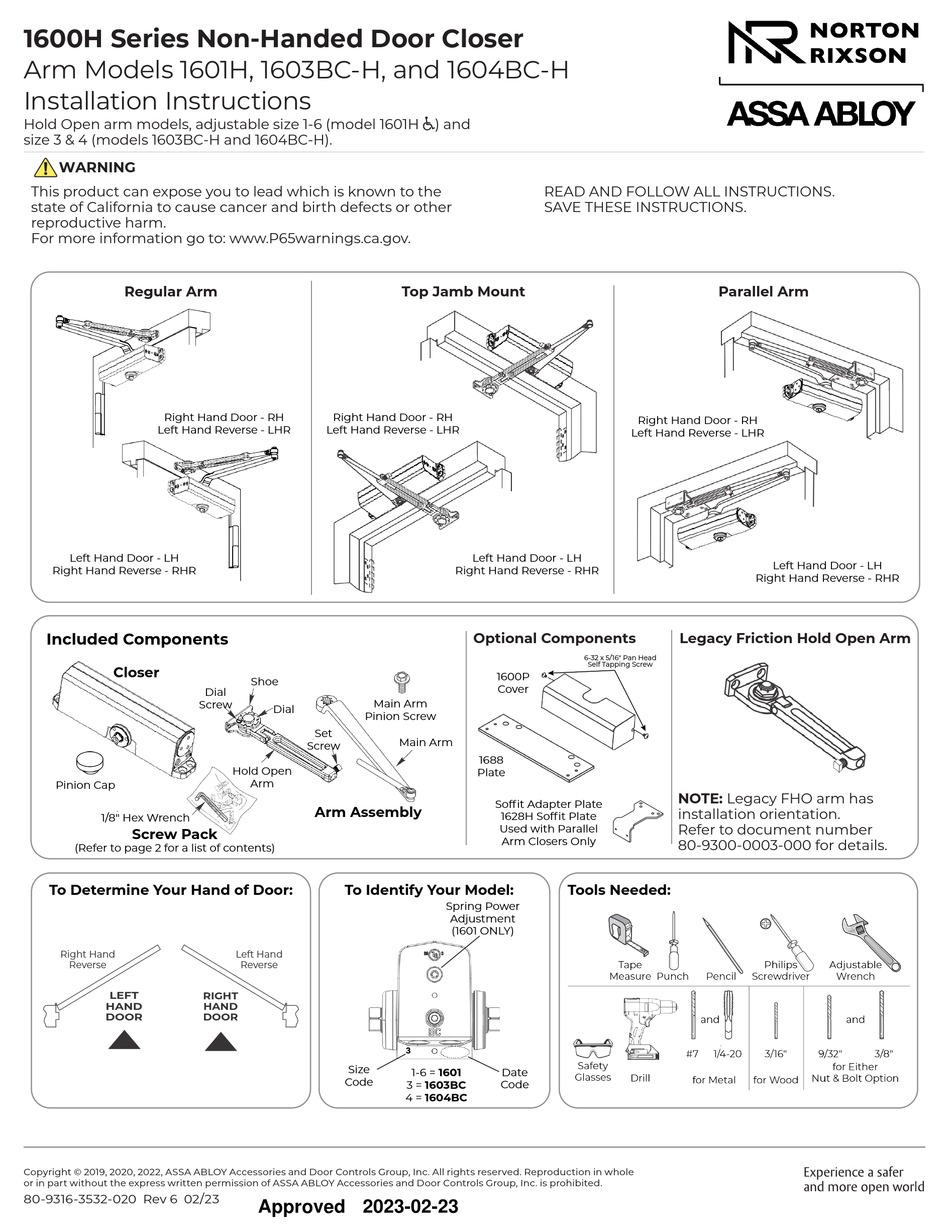 ASSA ABLOY NORTON RIXSON 1600H SERIES INSTALLATION INSTRUCTIONS MANUAL ...