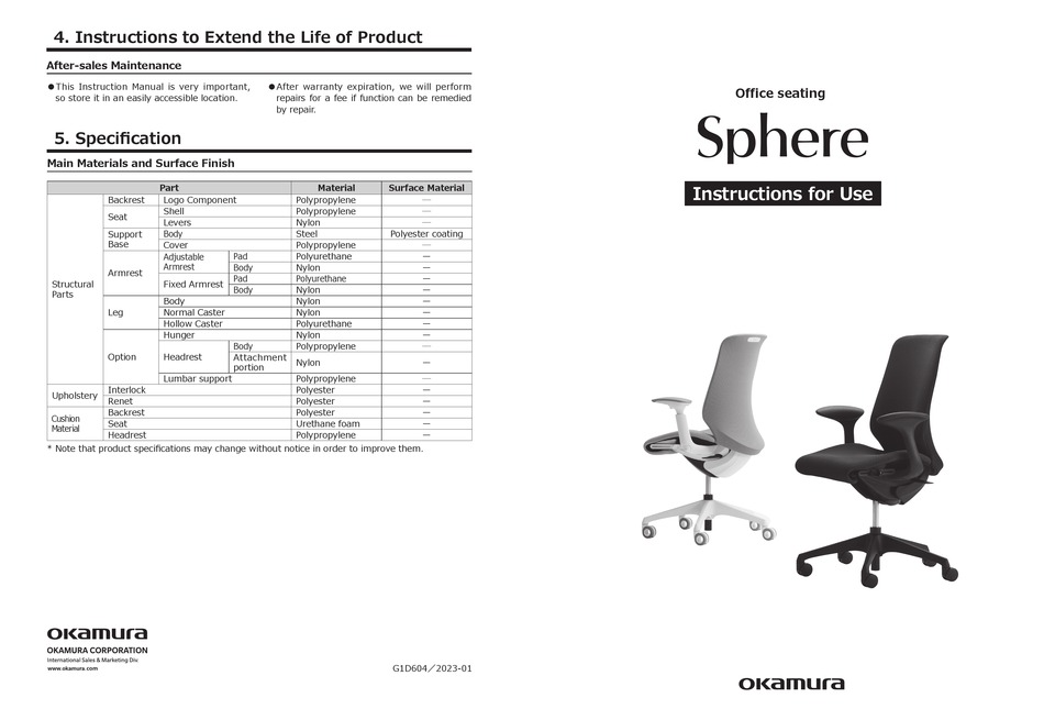 OKAMURA SPHERE INSTRUCTIONS FOR USE MANUAL Pdf Download ManualsLib