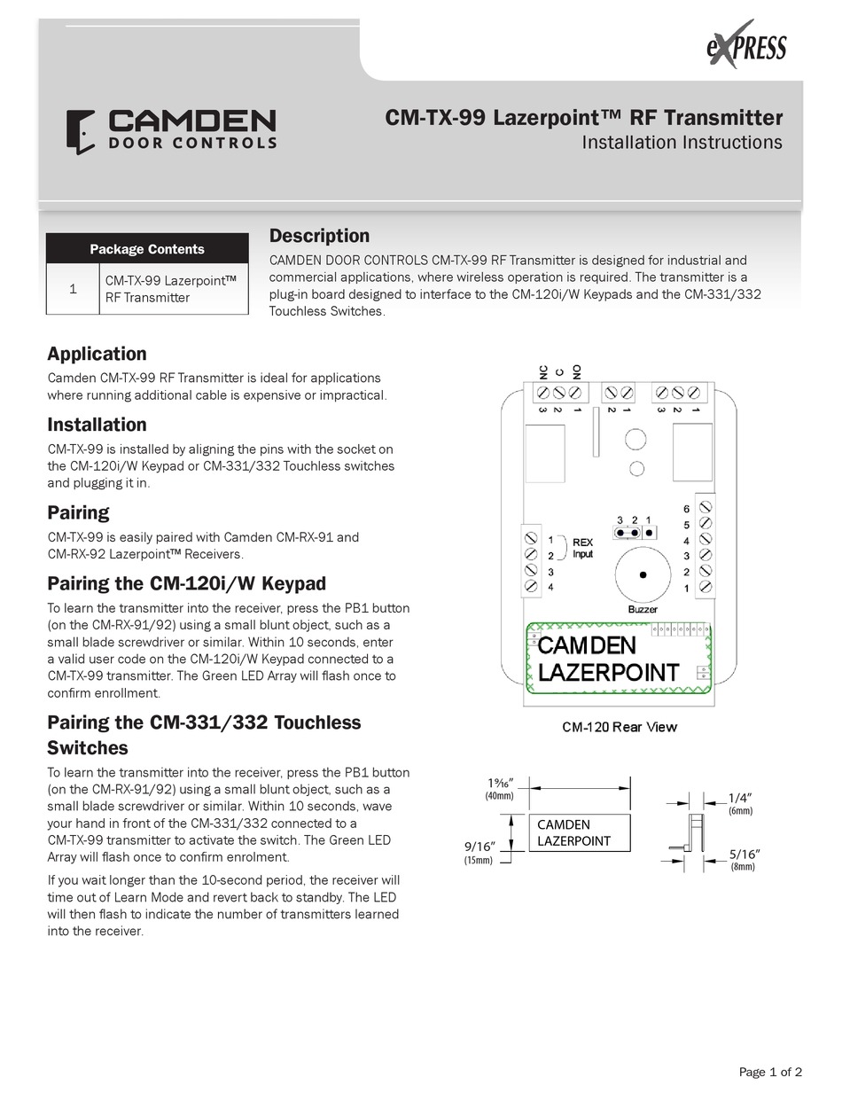 CAMDEN LAZERPOINT CMTX99 INSTALLATION INSTRUCTIONS Pdf Download