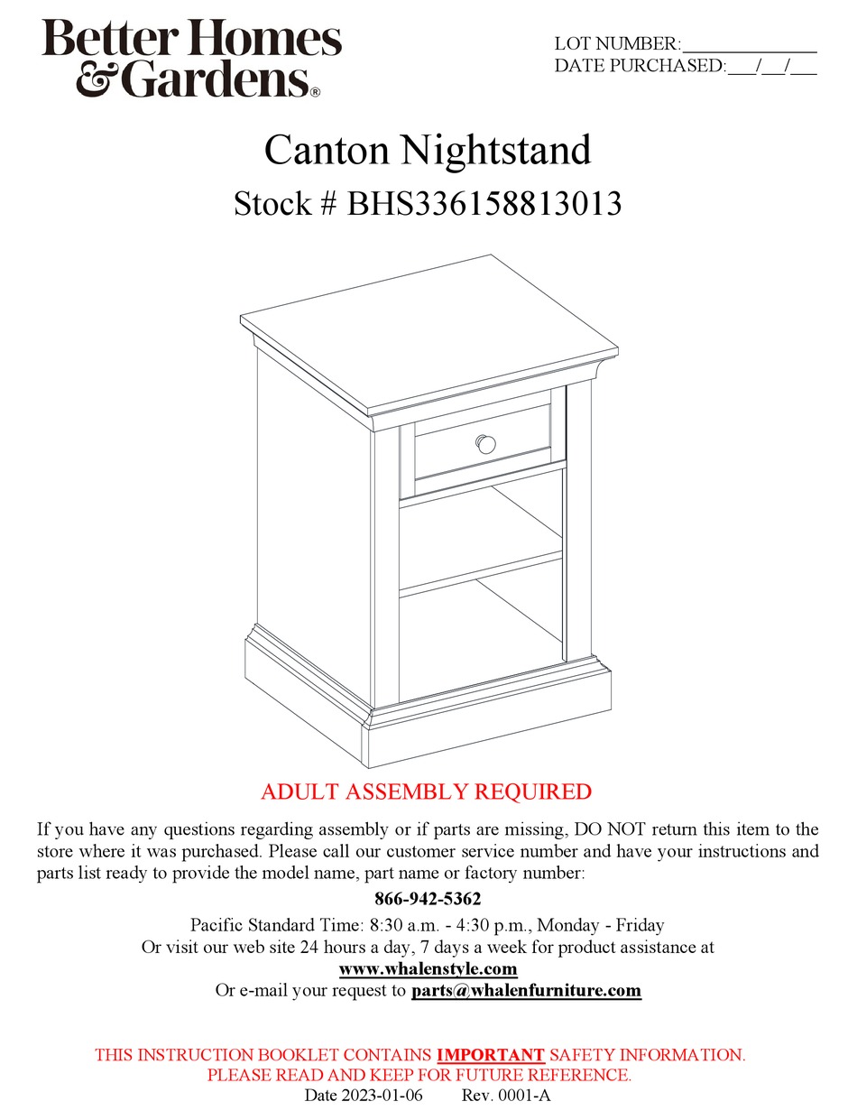 BETTER HOMES AND GARDENS CANTON NIGHTSTAND BHS336158813013 ASSEMBLY