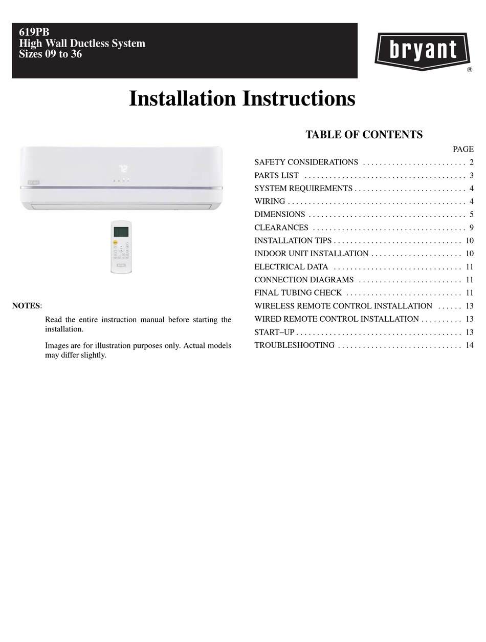 BRYANT 619PAQ012BBMA INSTALLATION INSTRUCTIONS MANUAL Pdf Download ...