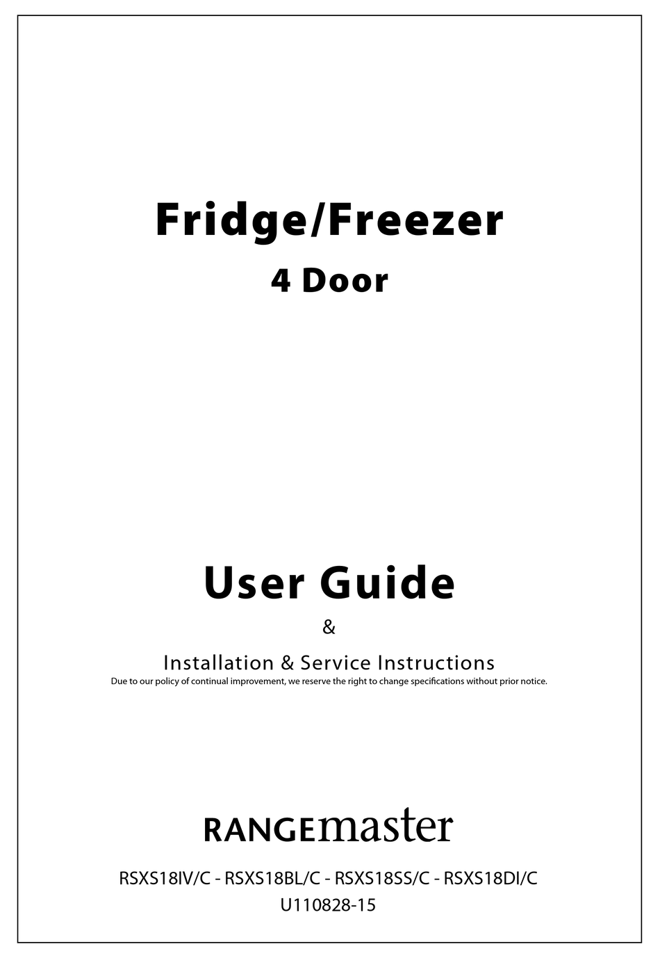 RANGEMASTER RSXS18IV/C USER MANUAL & INSTALLATION & SERVICE