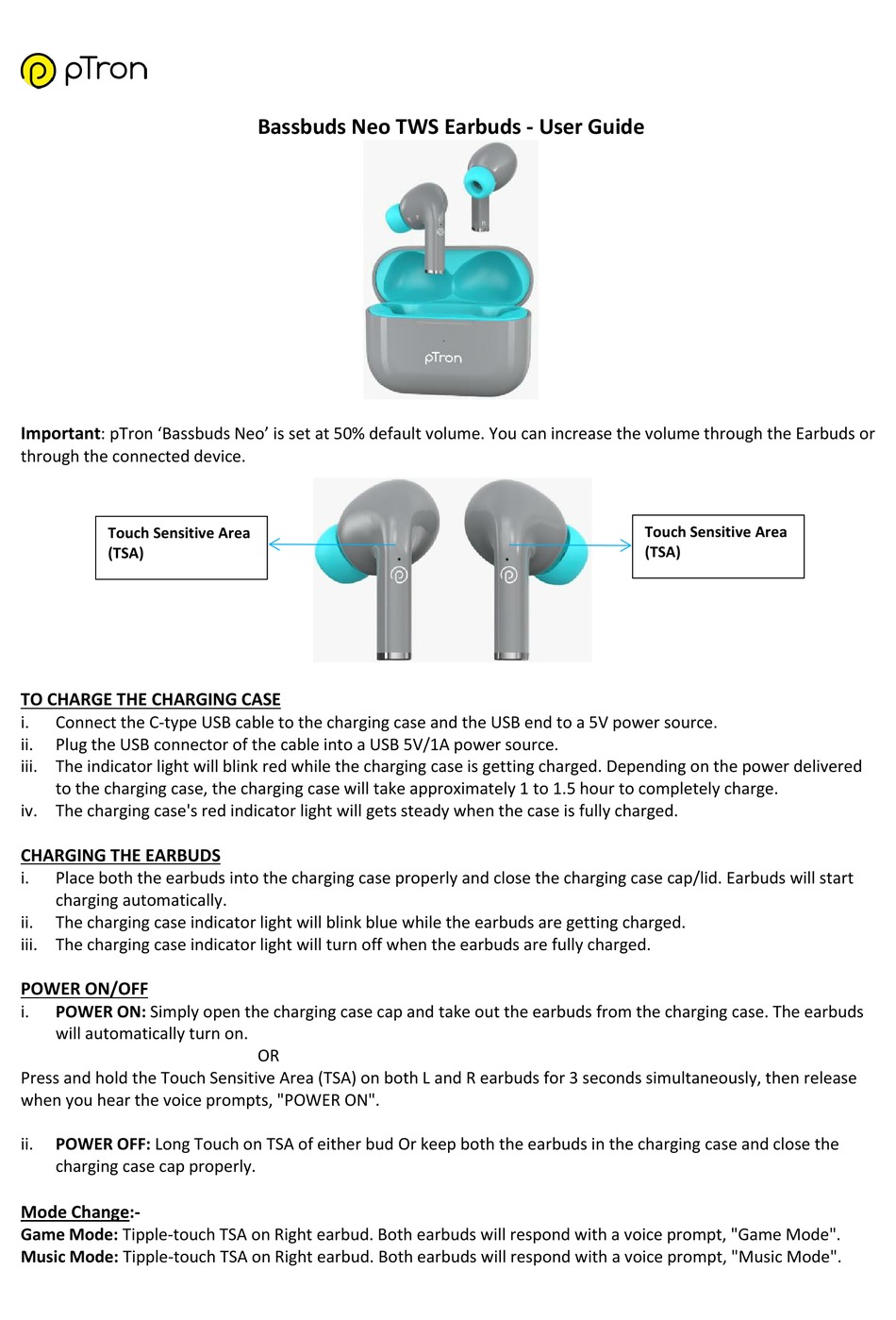 PTRON BASSBUDS NEO TWS USER MANUAL Pdf Download ManualsLib