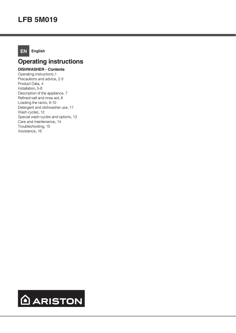 ARISTON LFB 5M019 OPERATING INSTRUCTIONS MANUAL Pdf Download ManualsLib