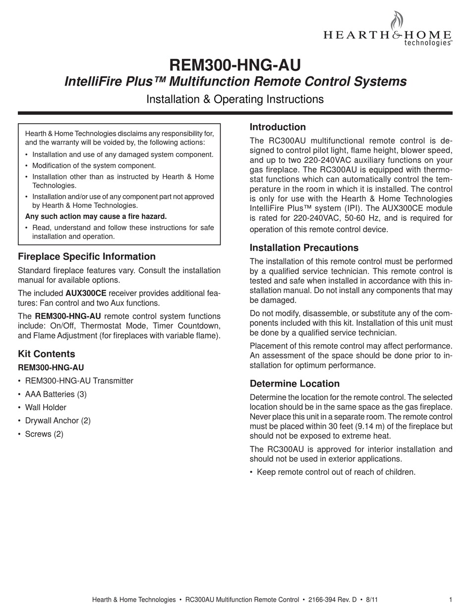HEARTH AND HOME TECHNOLOGIES INTELLIFIRE PLUS REM300-HNG-AU ...