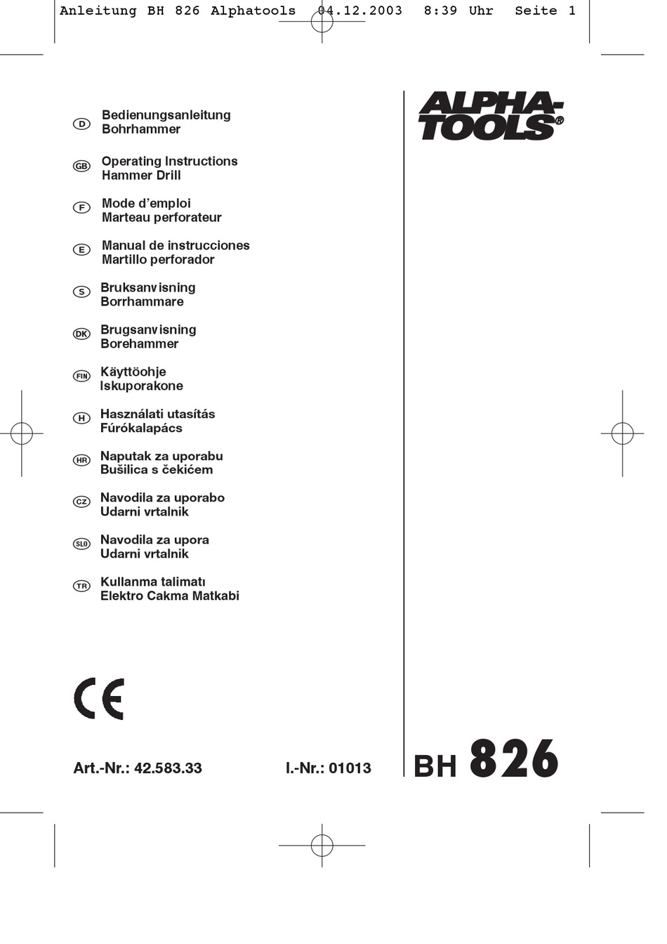 ALPHA TOOLS BH 826 OPERATING INSTRUCTIONS MANUAL Pdf Download | ManualsLib