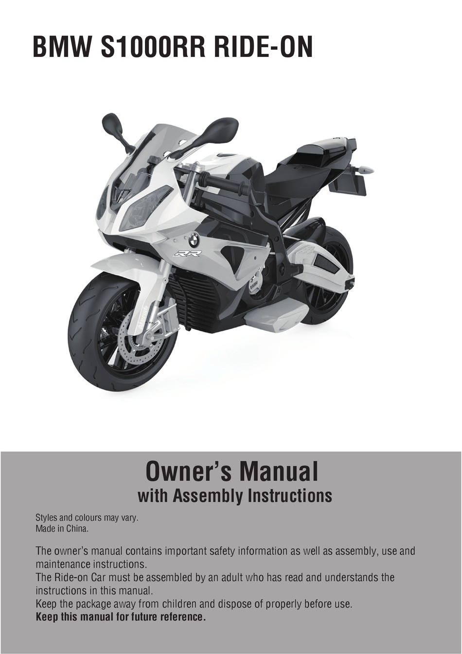 JIAJIA BMW S1000RR RIDEON OWNER'S MANUAL WITH ASSEMBLY INSTRUCTIONS