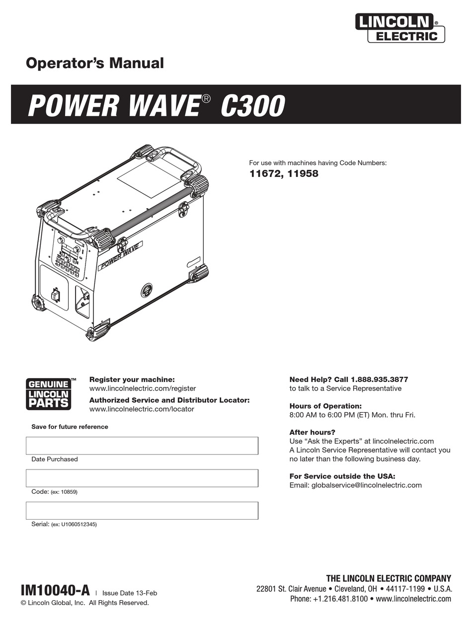 LINCOLN ELECTRIC 11672 OPERATOR'S MANUAL Pdf Download | ManualsLib