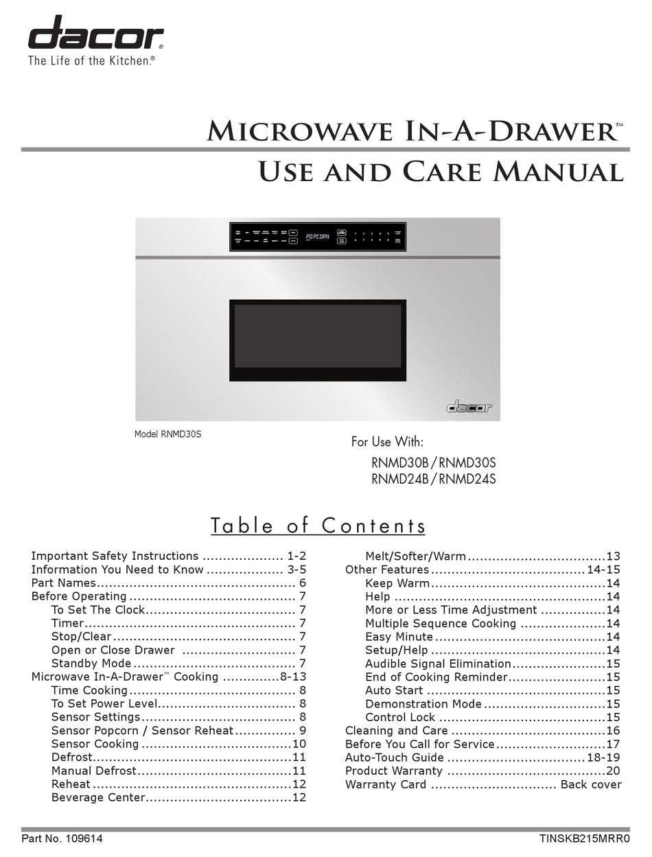 DACOR MICROWAVE INADRAWER RNMD30S USE AND CARE MANUAL Pdf Download
