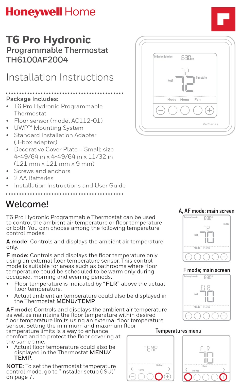 HONEYWELL TH6100AF2004 INSTALLATION INSTRUCTIONS MANUAL Pdf Download