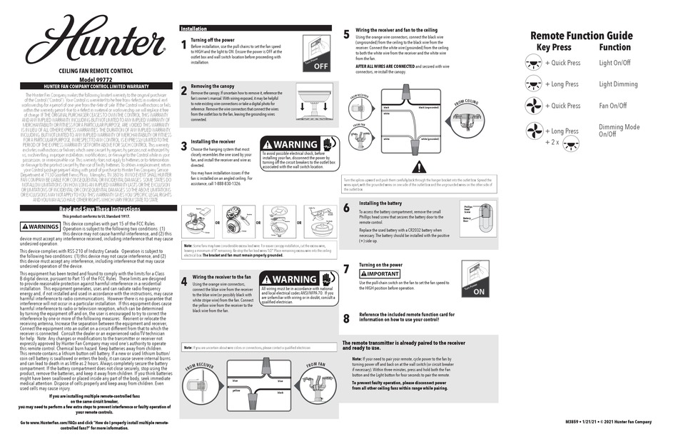 HUNTER 99772 QUICK START MANUAL Pdf Download ManualsLib