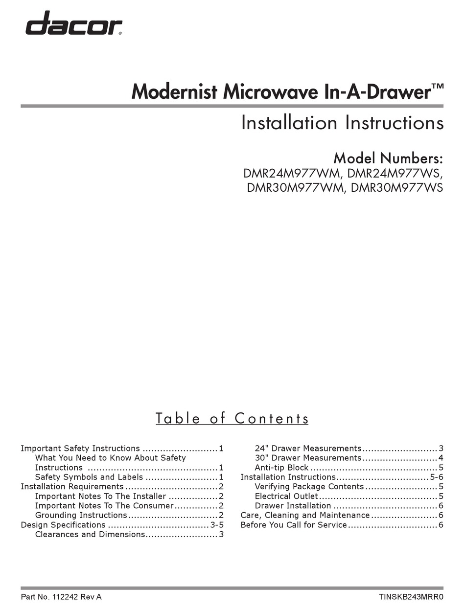 DACOR MODERNIST MICROWAVE INADRAWER DMR30M977WS INSTALLATION