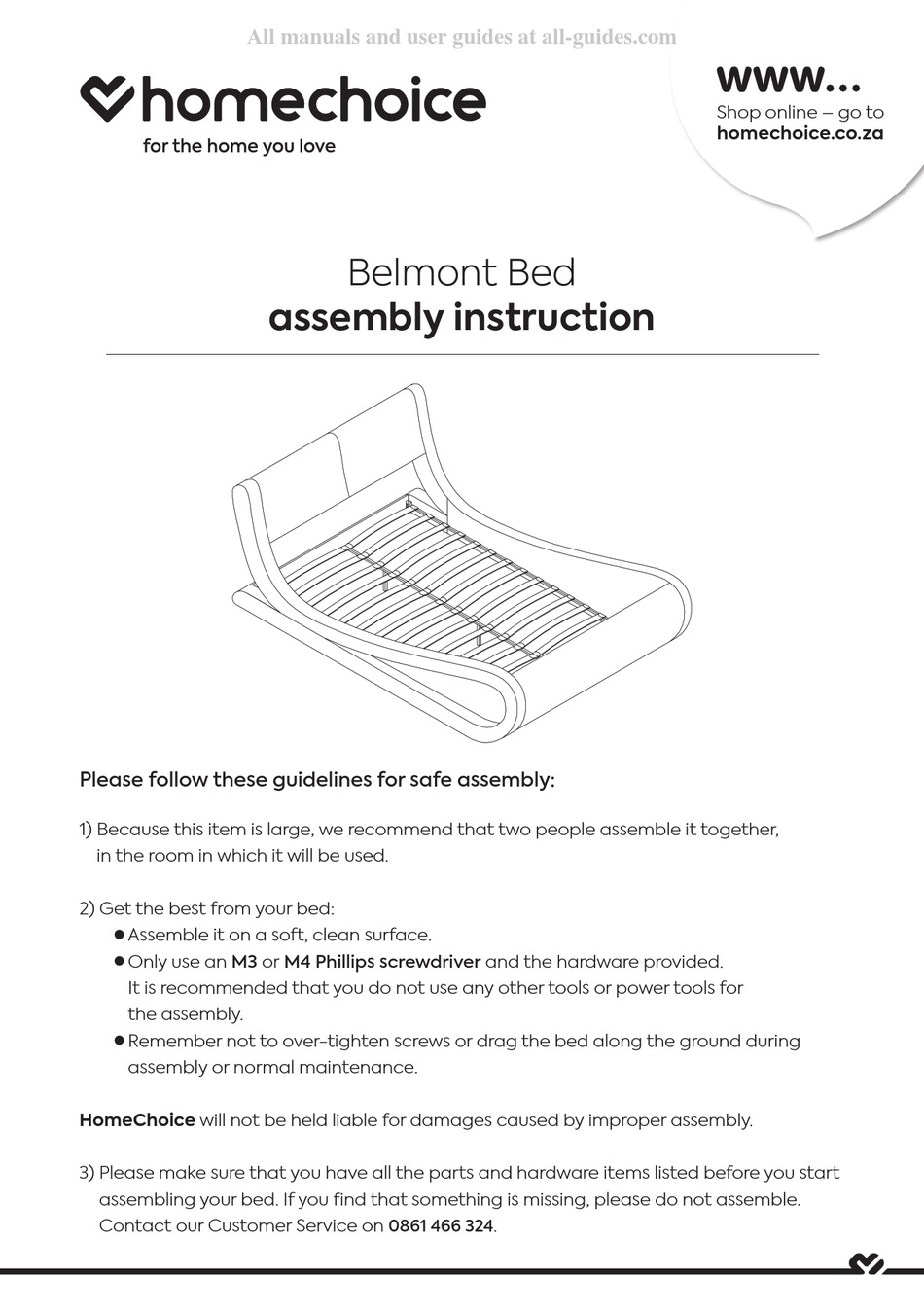 HOMECHOICE BELMONT BED ASSEMBLY INSTRUCTIONS MANUAL Pdf Download