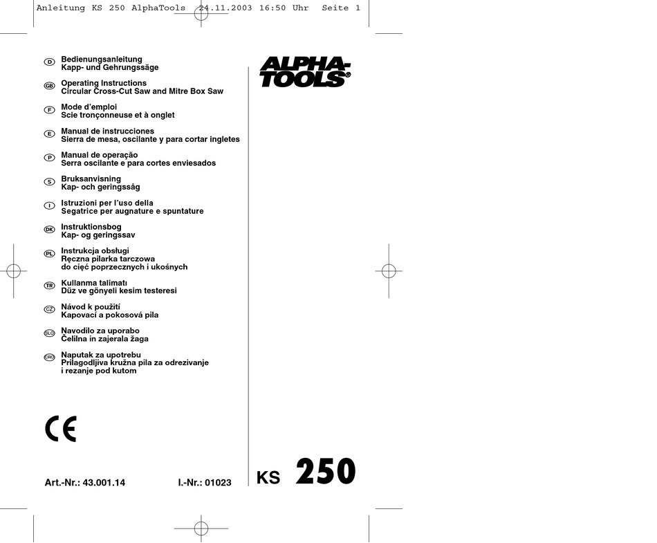 ALPHA TOOLS KS 250 OPERATING INSTRUCTIONS MANUAL Pdf Download | ManualsLib