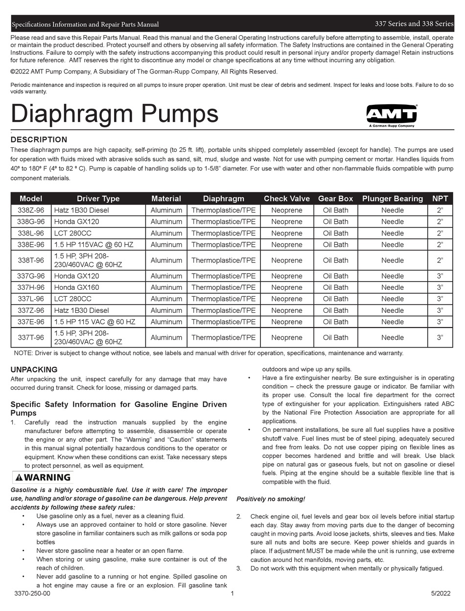GORMANRUPP PUMPS AMT 337 SERIES SPECIFICATIONS INFORMATION AND REPAIR