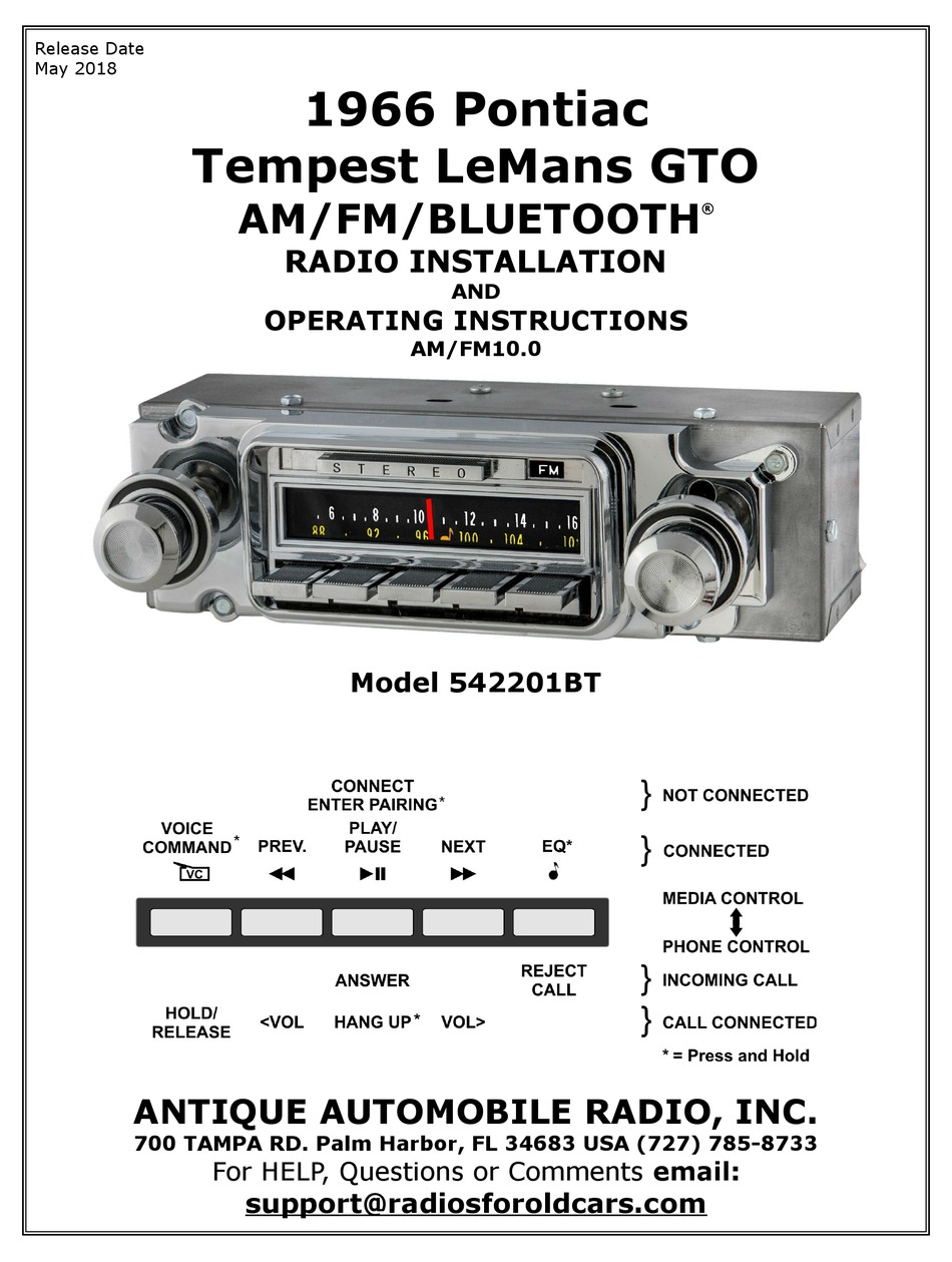 ANTIQUE AUTOMOBILE RADIO 542201BT INSTALLATION AND OPERATING
