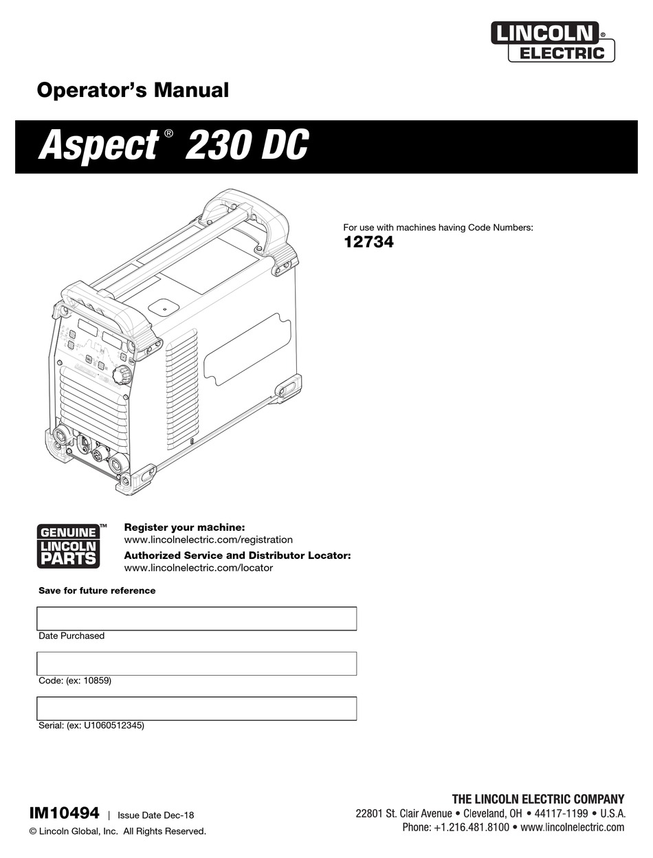 LINCOLN ELECTRIC ASPECT 230 DC OPERATOR'S MANUAL Pdf Download | ManualsLib