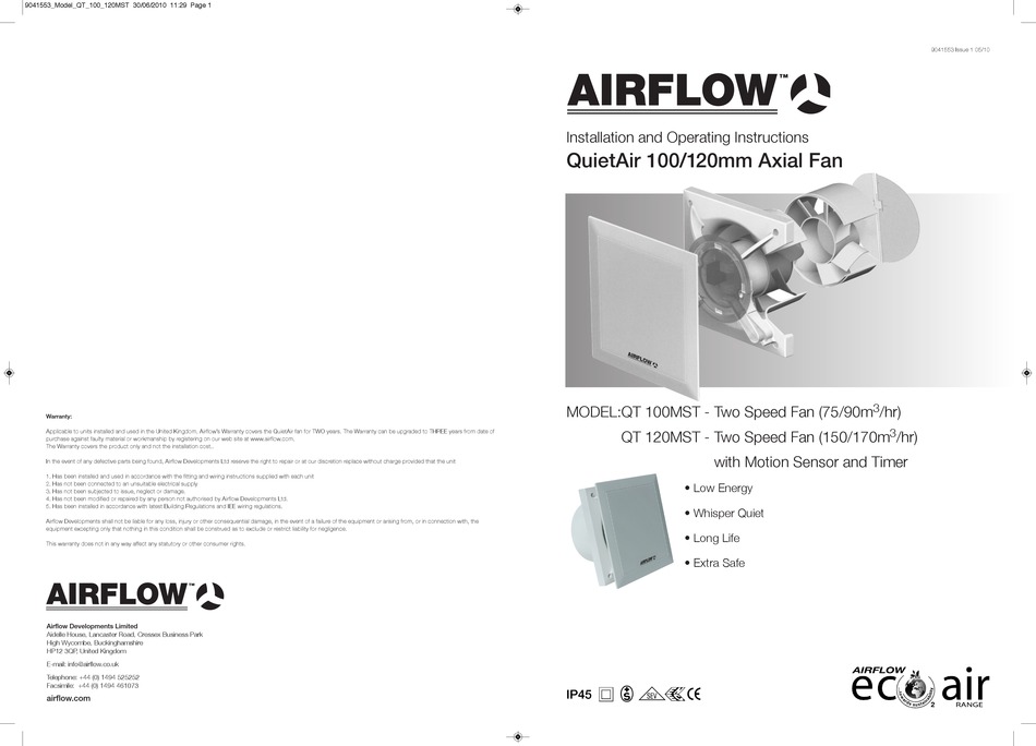 AIRFLOW QUIETAIR QT 100MST INSTALLATION AND OPERATING INSTRUCTIONS Pdf ...