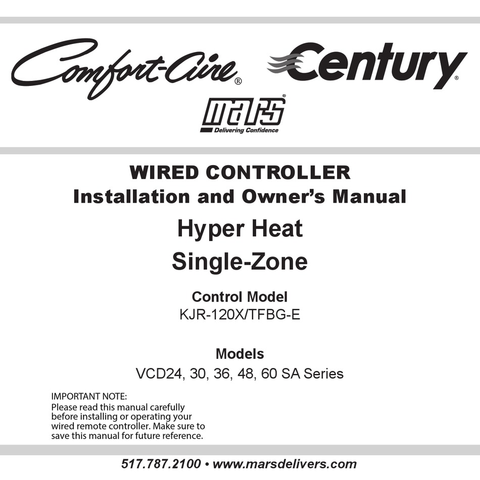 MARS COMFORT-AIRE CENTURY VCD24 SA SERIES INSTALLATION AND OWNER'S ...