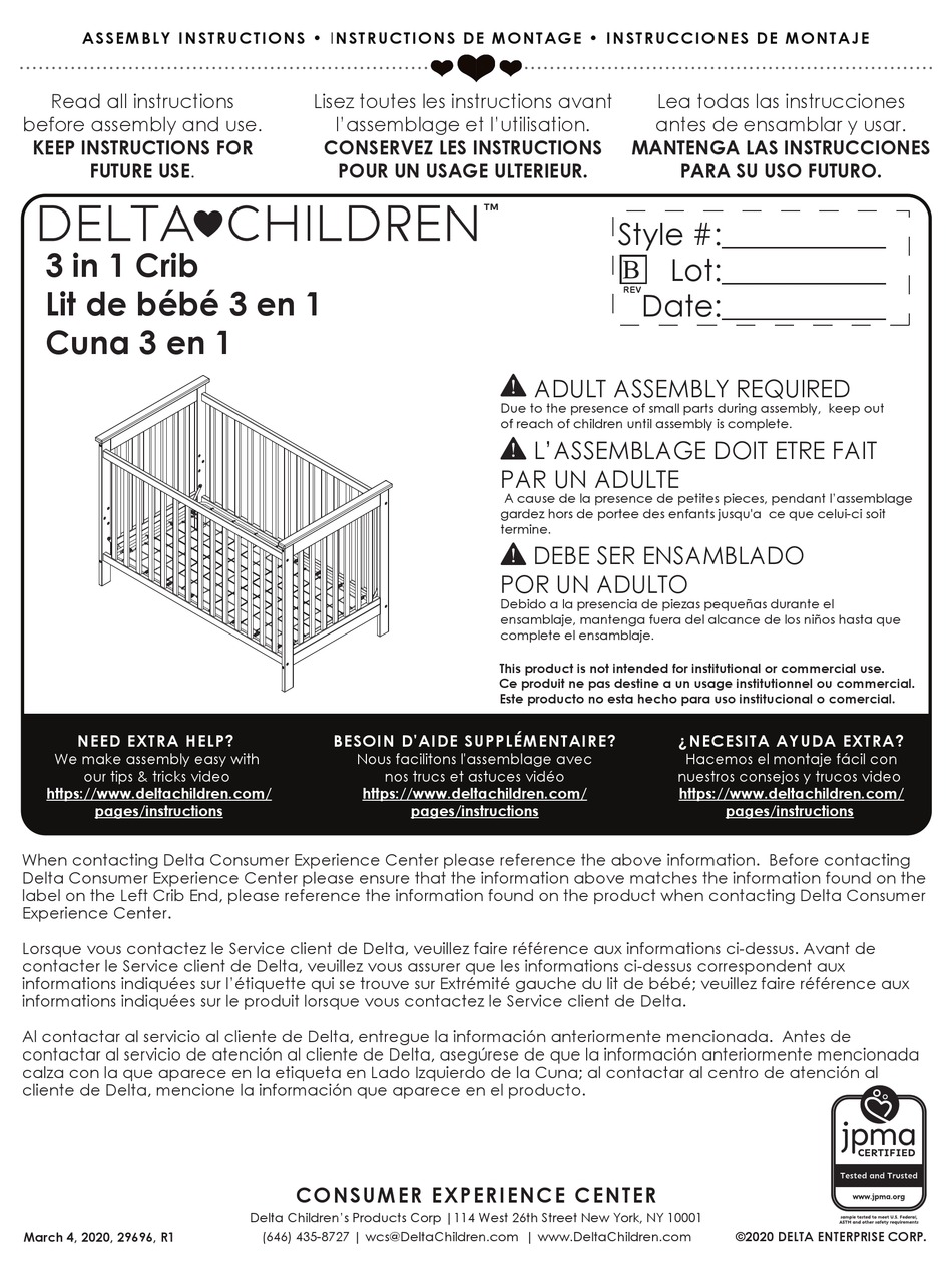 DELTA CHILDREN 3 IN 1 CRIB ASSEMBLY INSTRUCTIONS MANUAL Pdf Download ...