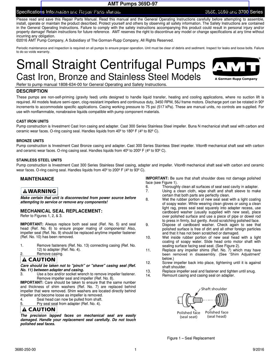 GORMANRUPP PUMPS AMT 3680 SERIES SPECIFICATIONS INFORMATION AND REPAIR
