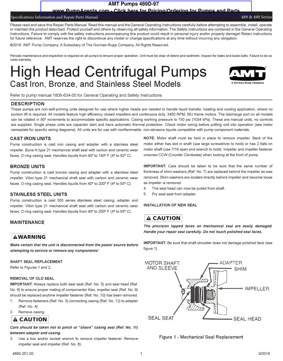 GORMANNRUPP PUMPS AMT 489 SERIES SPECIFICATIONS INFORMATION AND REPAIR