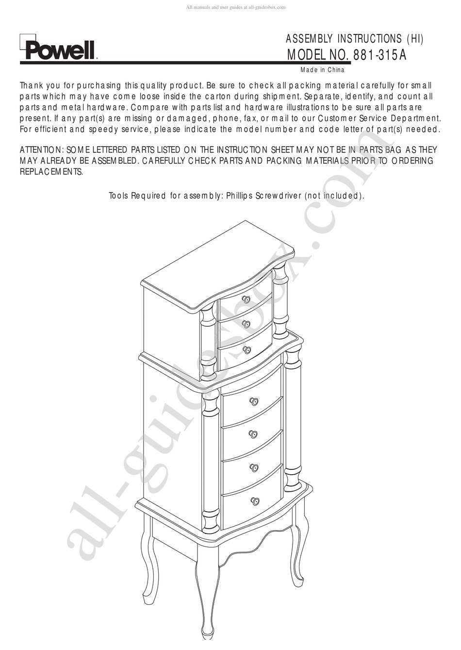 POWELL 881315A ASSEMBLY INSTRUCTIONS MANUAL Pdf Download ManualsLib