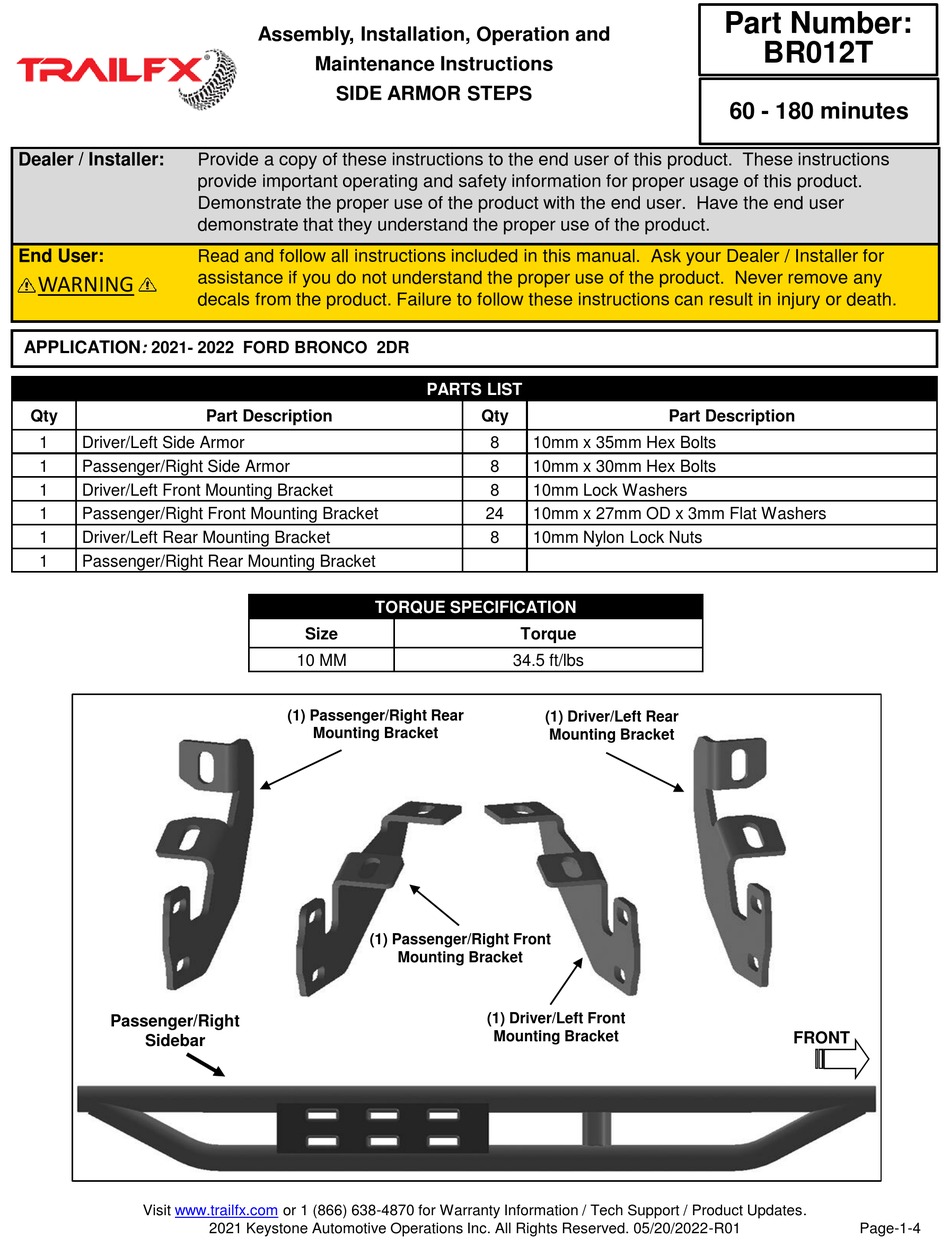 TRAILFX BR012T ASSEMBLY, INSTALLATION, OPERATION AND MAINTENANCE