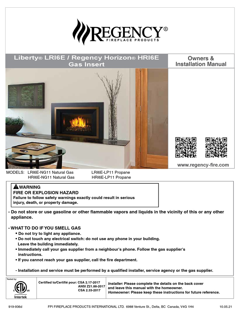 REGENCY LIBERTY LRI6ENG11 OWNERS & INSTALLATION MANUAL Pdf Download