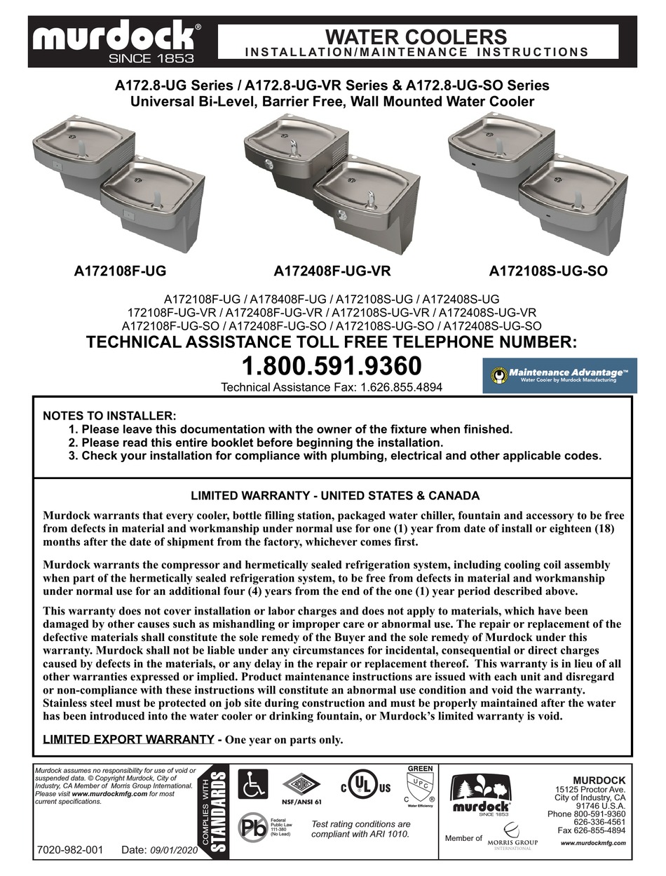 MURDOCK A172.8-UG SERIES INSTALLATION & MAINTENANCE INSTRUCTIONS MANUAL ...