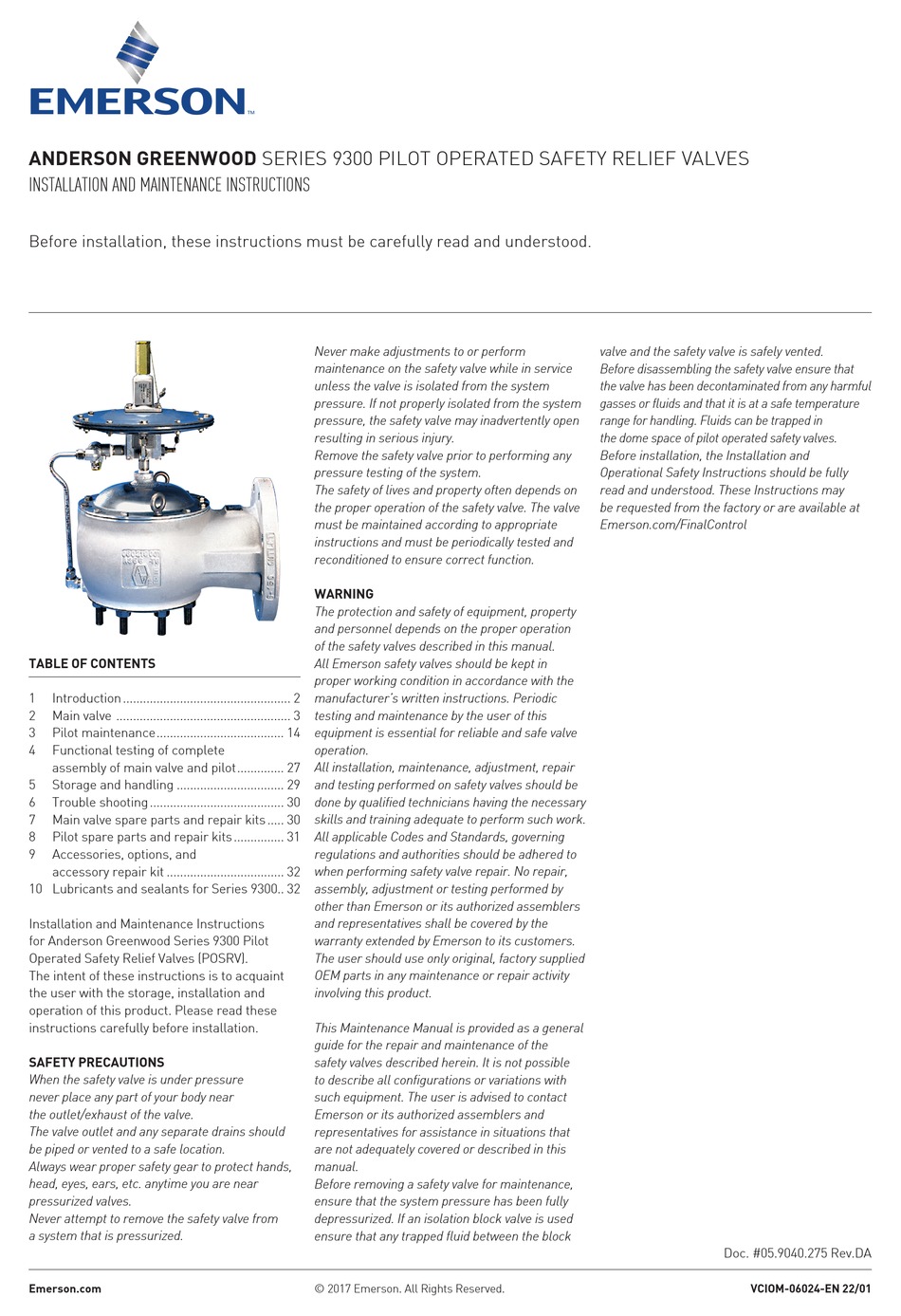 EMERSON ANDERSON GREENWOOD PILOT 9300 SERIES INSTALLATION AND