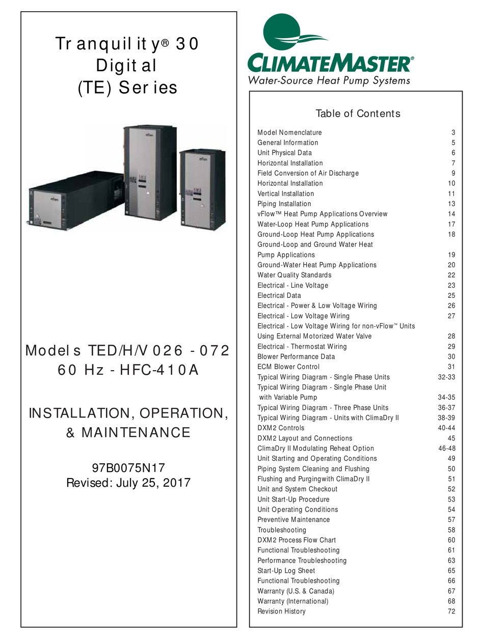 CLIMATEMASTER TRANQUILITY 30 DIGITAL TE SERIES INSTALLATION OPERATION