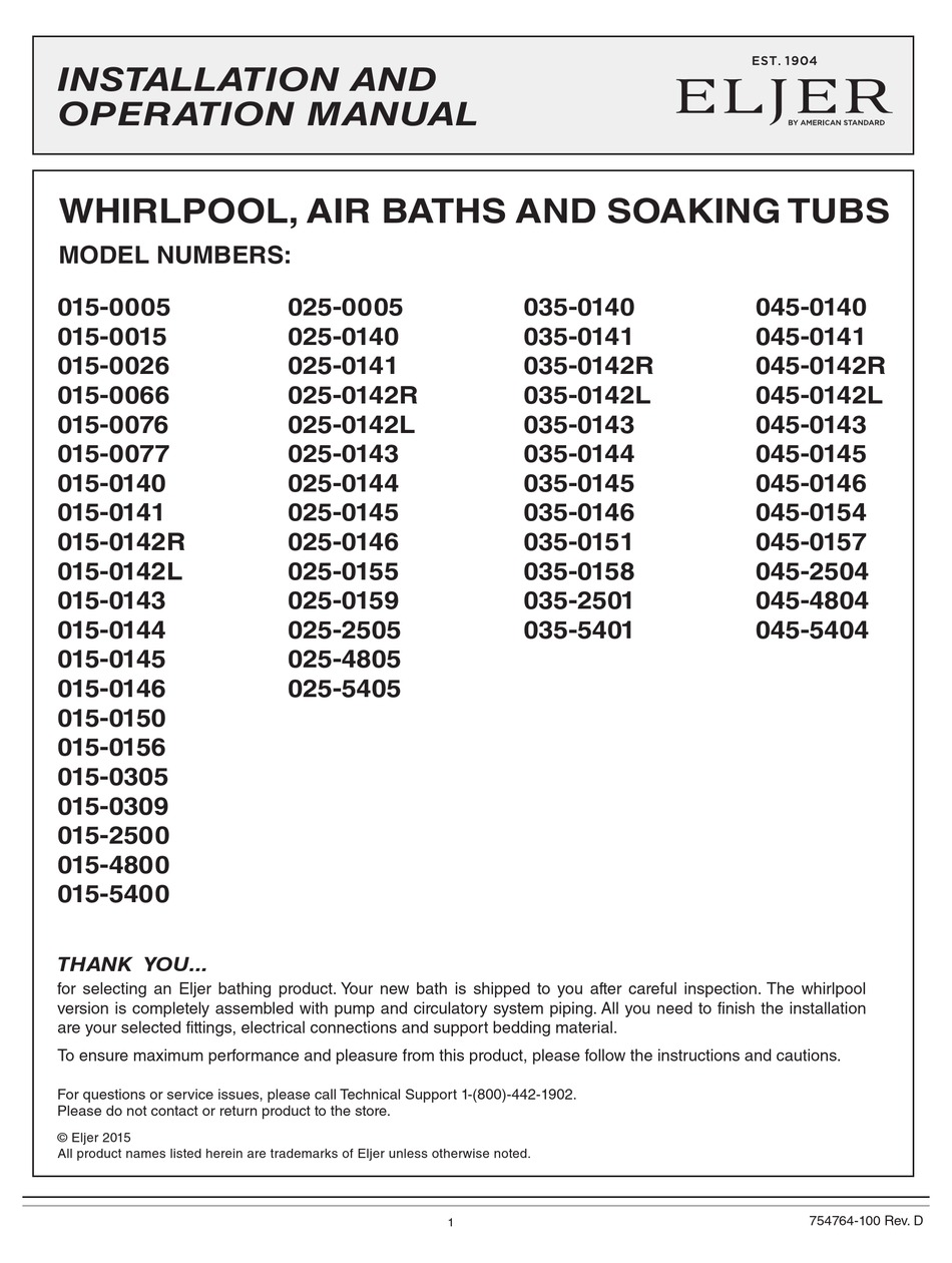 AMERICAN STANDARD ELJER 0150005 INSTALLATION AND OPERATION MANUAL Pdf