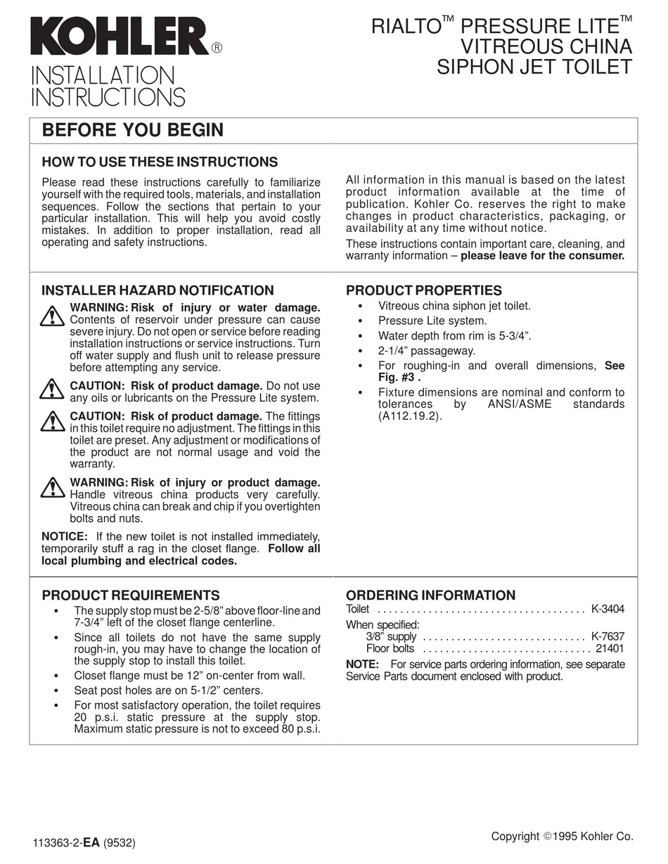 KOHLER RIALTO PRESSURE LITE K3404 INSTALLATION INSTRUCTIONS MANUAL Pdf