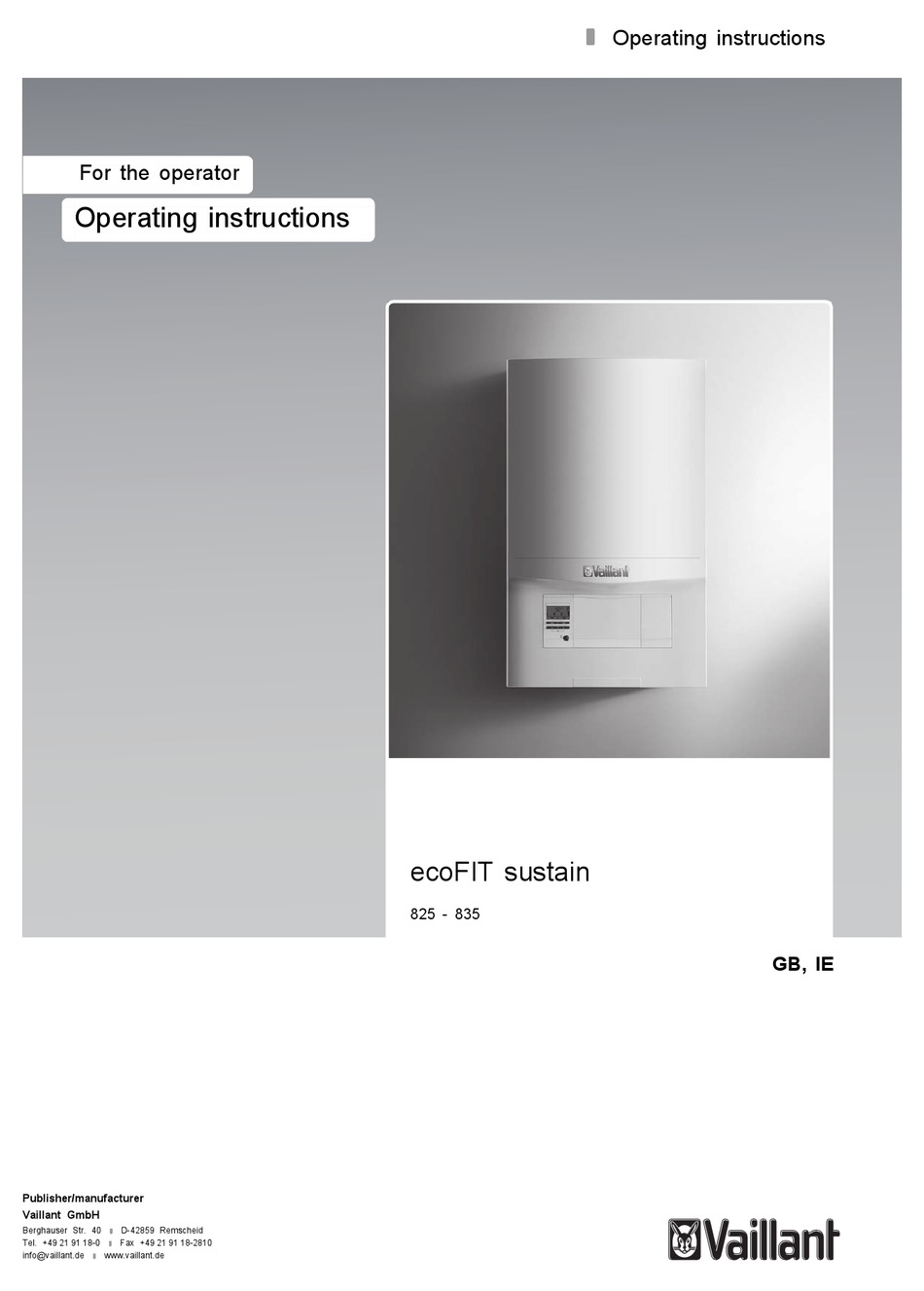 VAILLANT ECOFIT SUSTAIN 835 OPERATING INSTRUCTIONS MANUAL Pdf Download