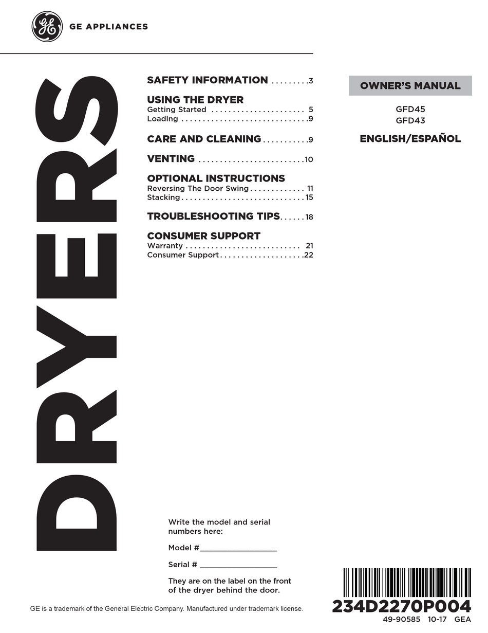GE GFD45 OWNER'S MANUAL Pdf Download ManualsLib