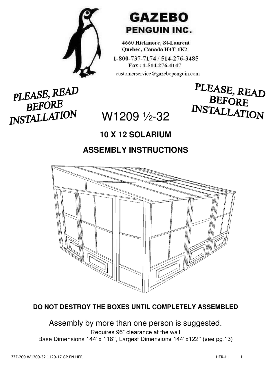 GAZEBO PENGUIN W1209 1/232 ASSEMBLY INSTRUCTIONS MANUAL Pdf Download