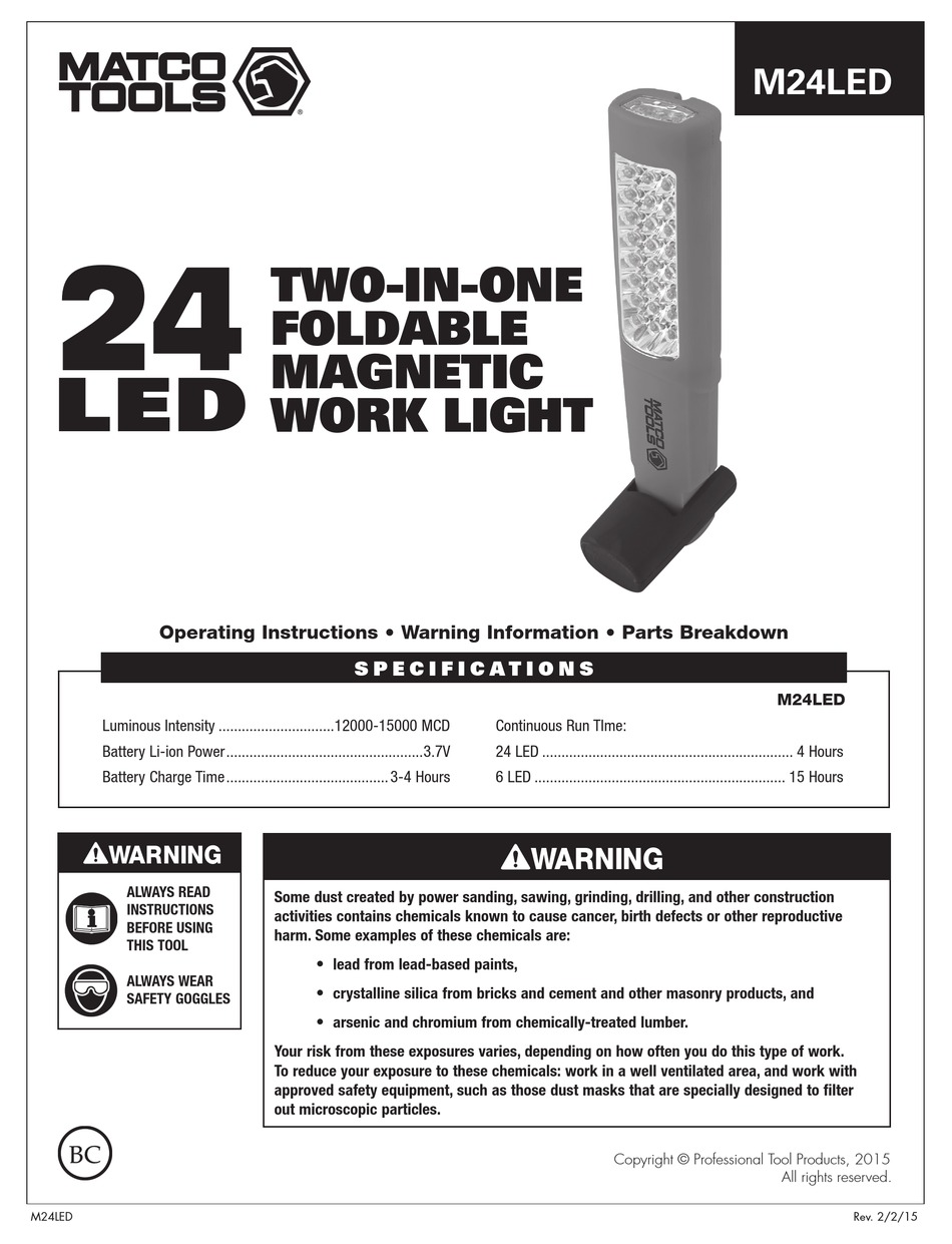MATCO TOOLS M24LED OPERATING INSTRUCTIONS, WARNING INFORMATION, PARTS