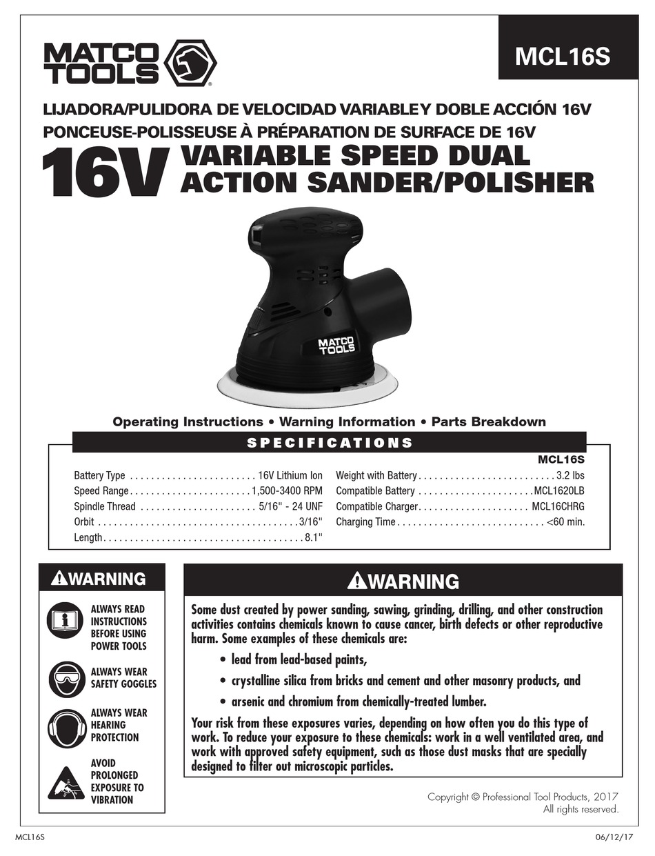 MATCO TOOLS MCL16S OPERATING INSTRUCTIONS, WARNING INFORMATION, PARTS