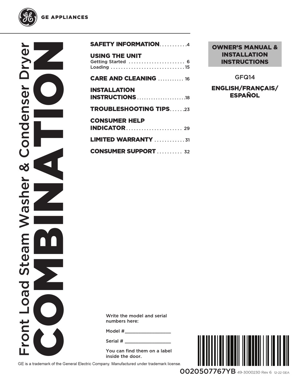 GE GFQ14ESSNWW OWNER'S MANUAL & INSTALLATION INSTRUCTIONS Pdf Download