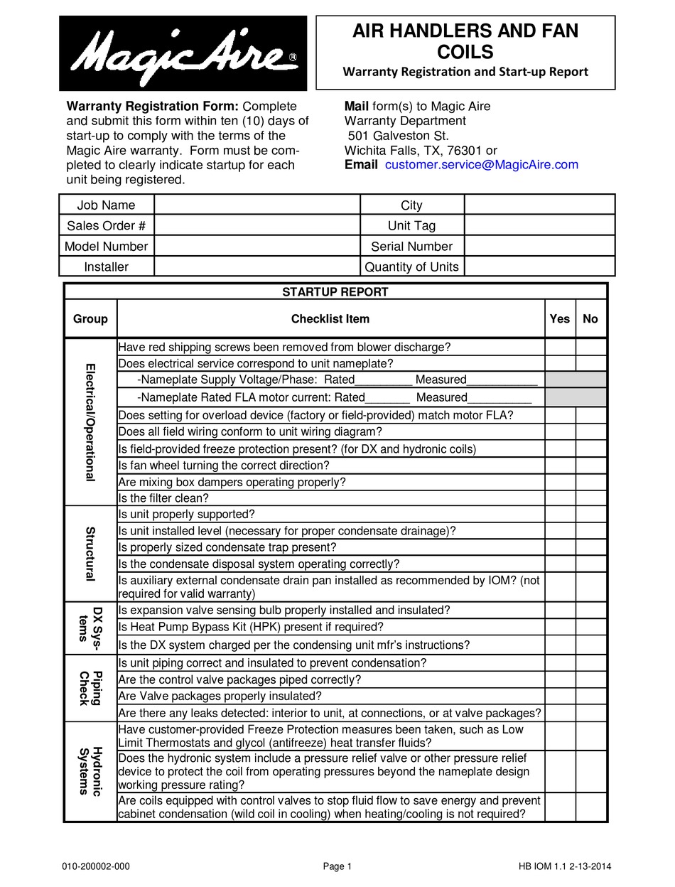 MAGIC AIRE HB SERIES INSTALLATION, OPERATION AND MAINTENANCE MANUAL Pdf