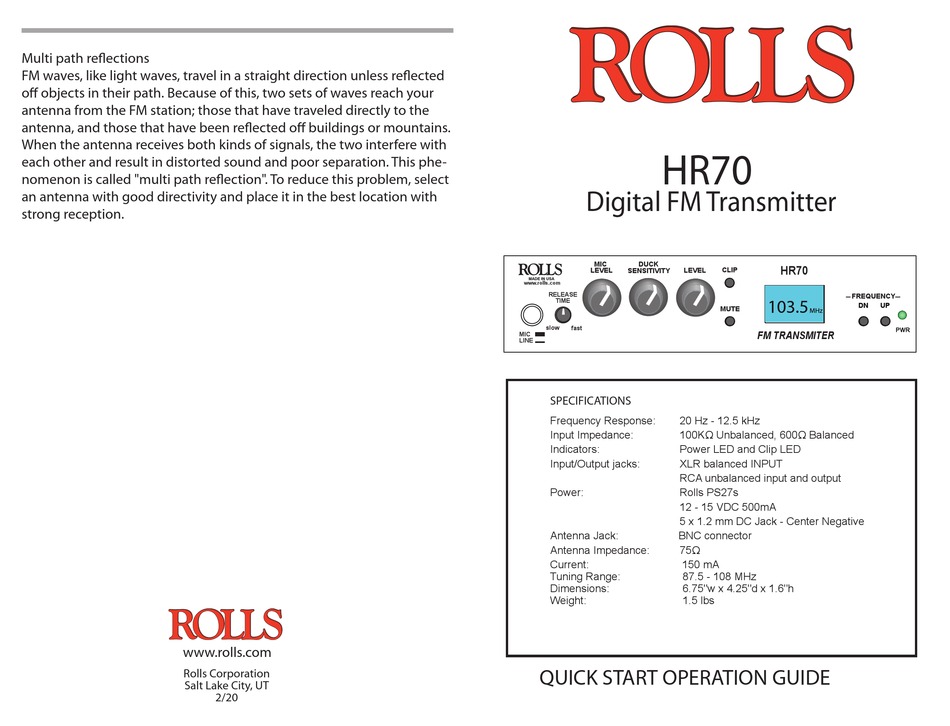 ROLLS HR70 QUICK START OPERATION MANUAL Pdf Download ManualsLib
