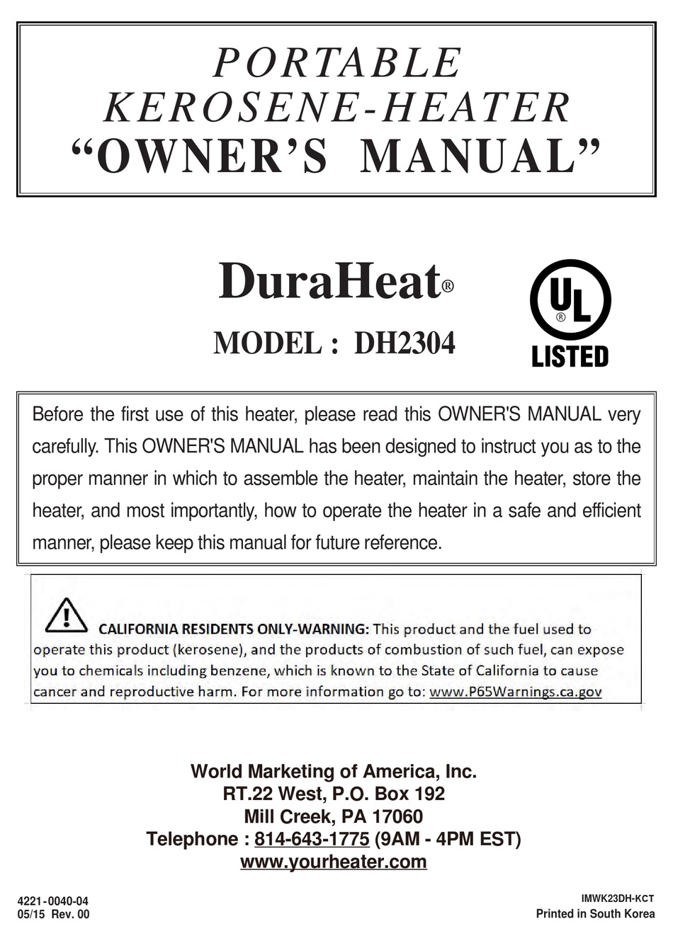 DURAHEAT DH2304 OWNER