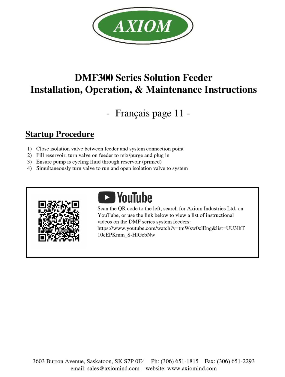 AXIOM DMF300 SERIES INSTALLATION, OPERATION & MAINTENANCE INSTRUCTIONS