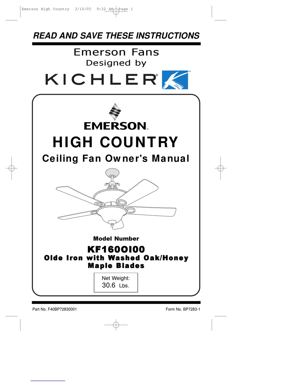 KICHLER LIGHTING EMERSON HIGH COUNTRY OWNER'S MANUAL Pdf Download