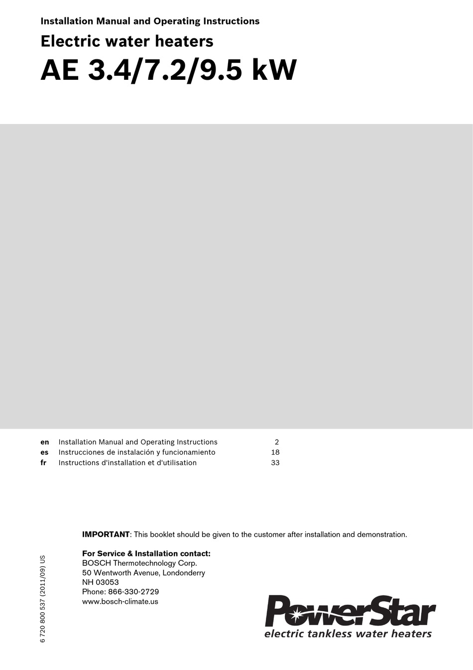 BOSCH POWERSTAR AE 7.2 INSTALLATION MANUAL AND OPERATING INSTRUCTIONS